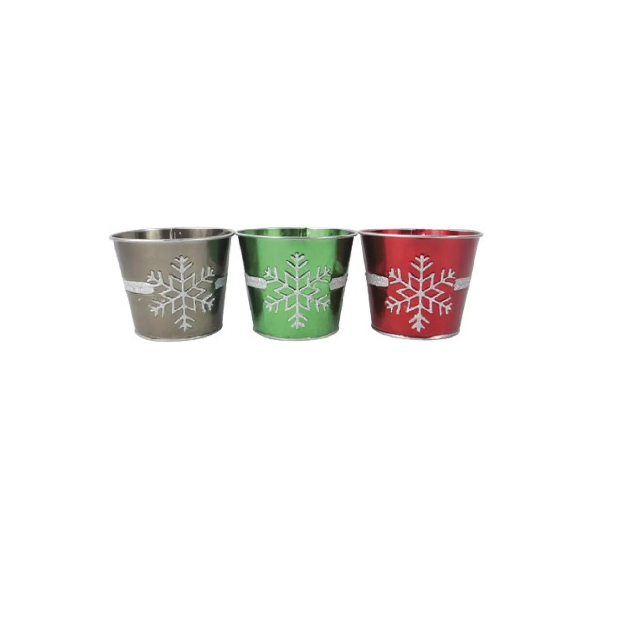 Darice Set of 3 Red, Green and Silver Glitter Snowflake Decorative Christmas Tin Pots 5"